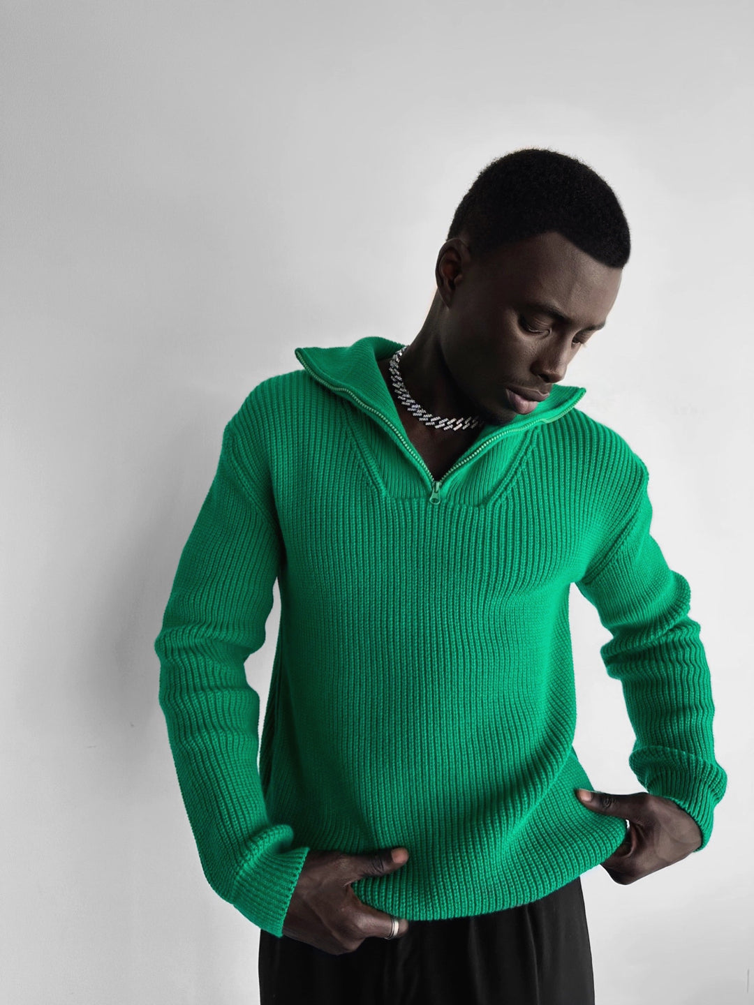 Oversize Collar Zipper Knit Sweater - Forest Green