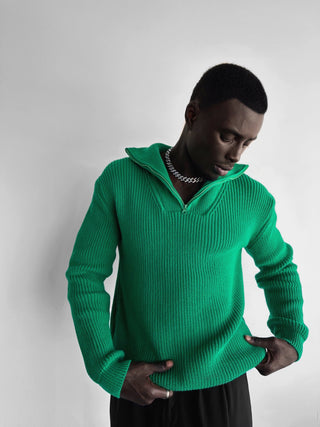 Oversize Collar Zipper Knit Sweater - Forest Green