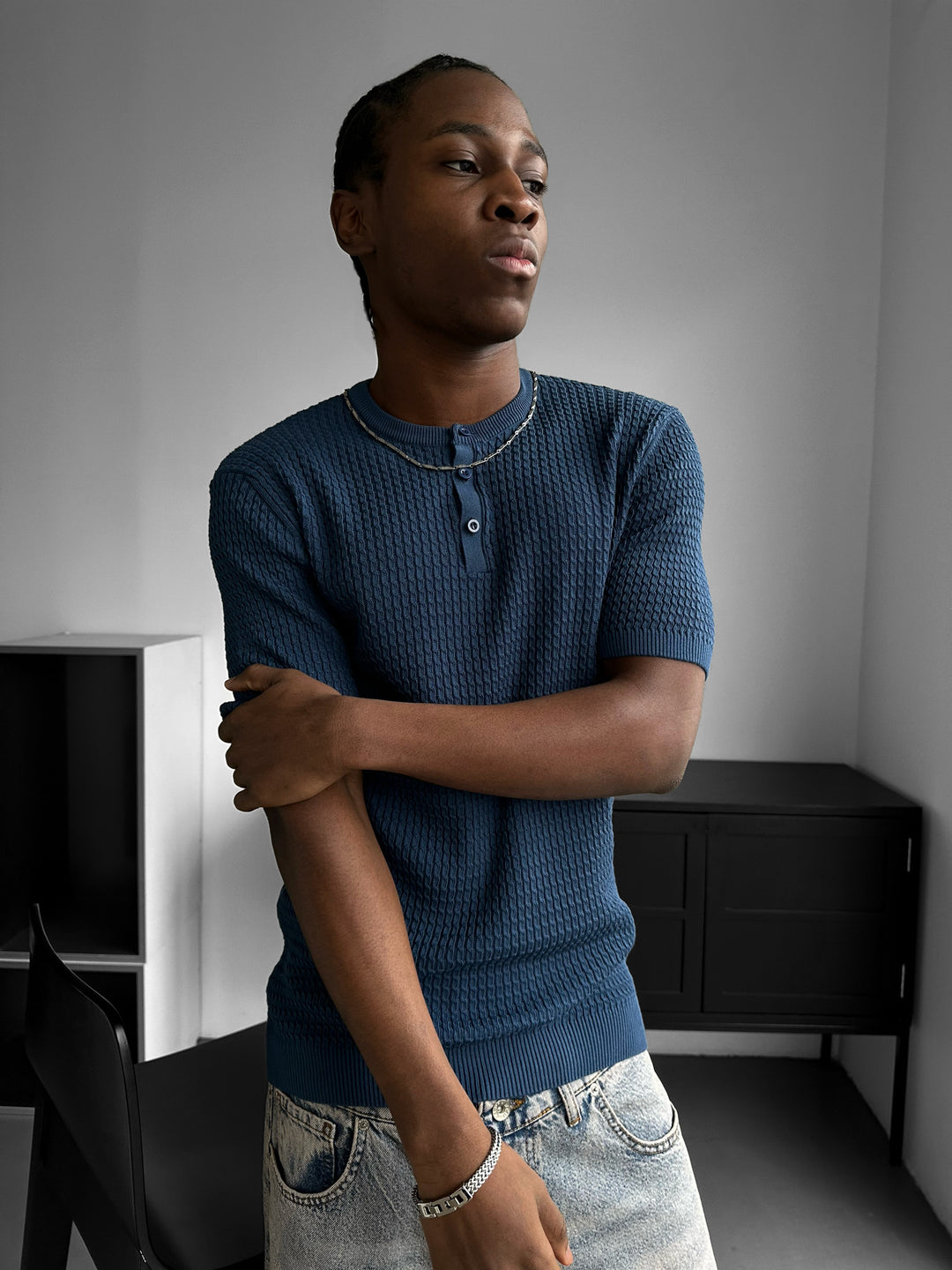 Regular Fit Waffle Button T-shirt - Indigo