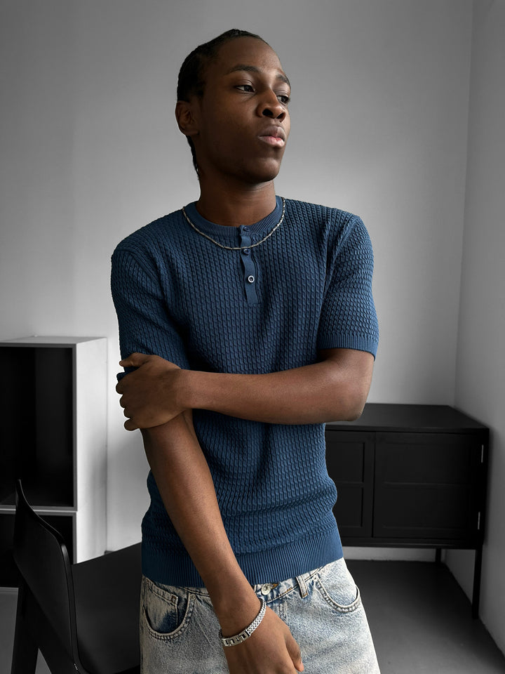Regular Fit Waffle Button T-shirt - Indigo