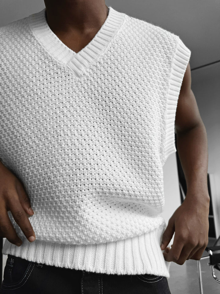 Loose Fit Knotted V Neck Pullunder - White