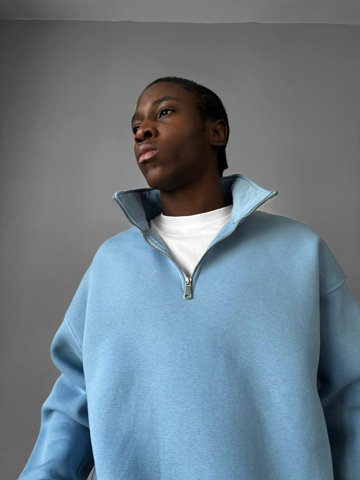 Oversize Half-Zip Polo Sweatshirt - Faded Denim