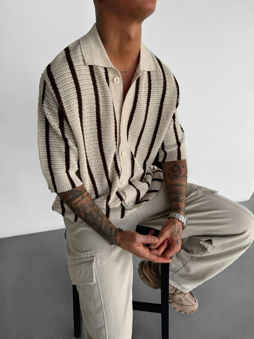 Oversize Knit Lines Shirt - Creme and Brown