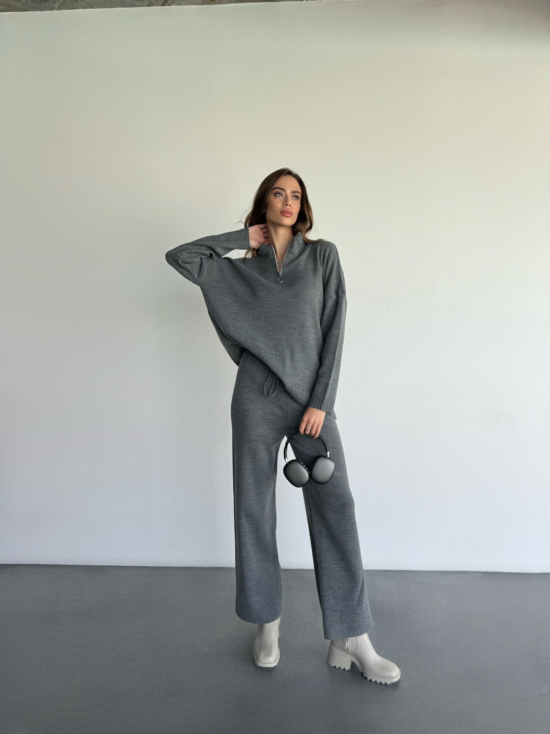 Wide Leg Knit Trousers - Anthracite