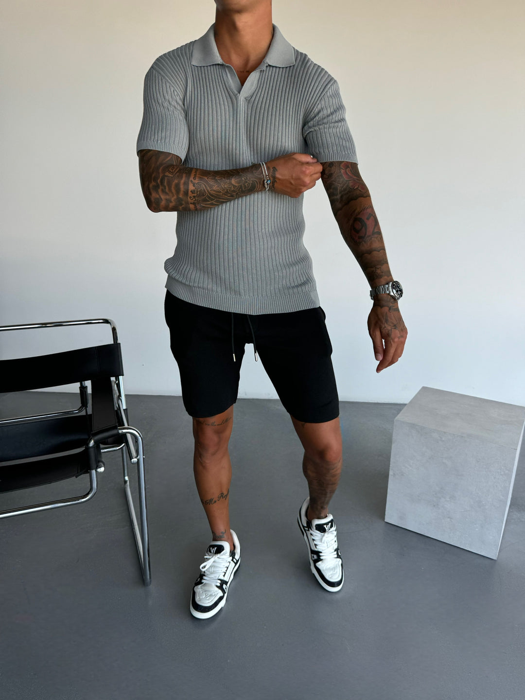 Slim Fit Knit Polo T-Shirt - Light Grey