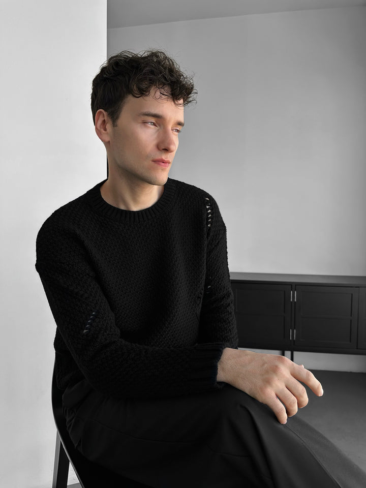 Regular Fit Textured Torn Sweater - Black