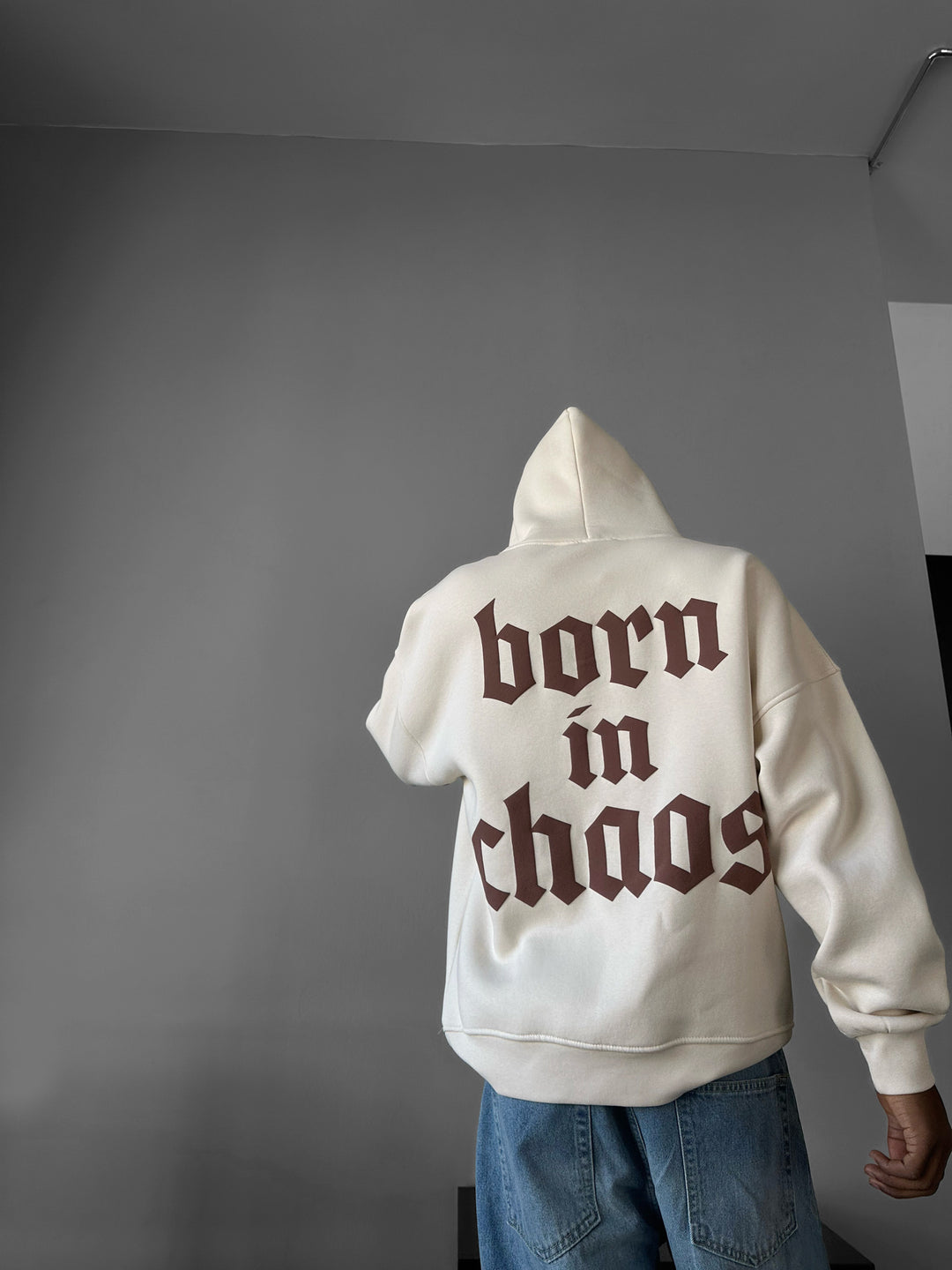 Oversize “Born in Chaos” Hoodie - Beige