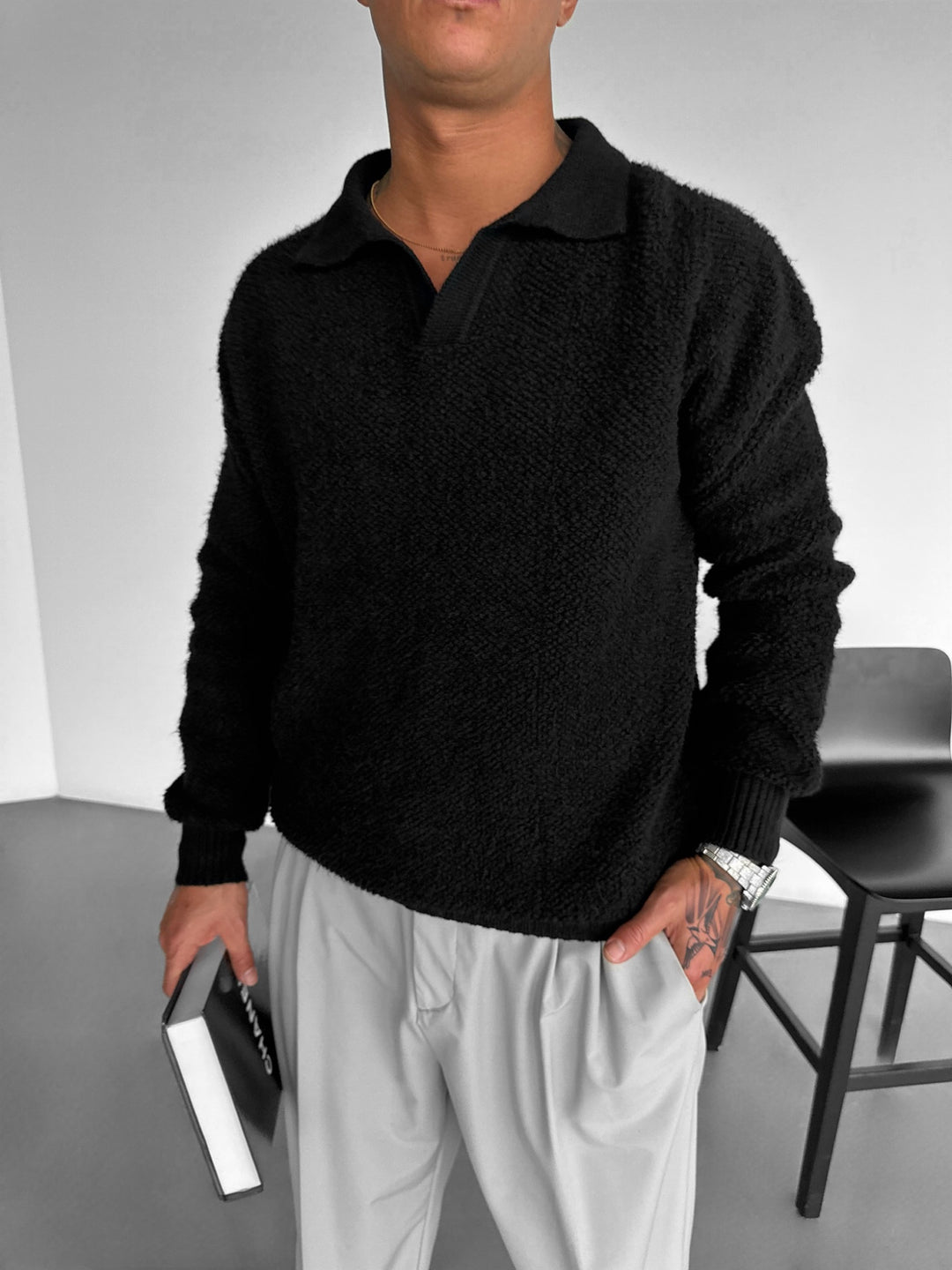 Knit Collar Brushed Pullover - Black