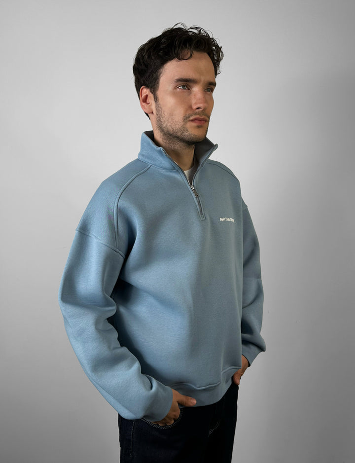 Oversize Half-Zip Motto Sweatshirt - Faded Denim