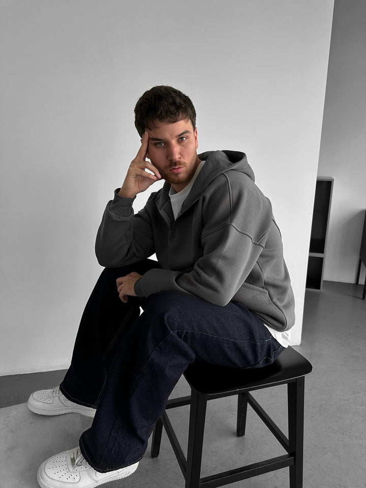 Loose Fit Half-Zip Basic Hoodie - Anthracite