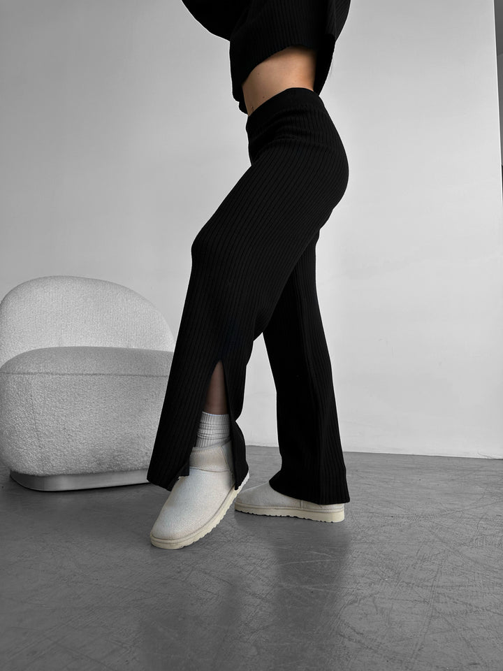 Wide Leg Knit Trousers - Black