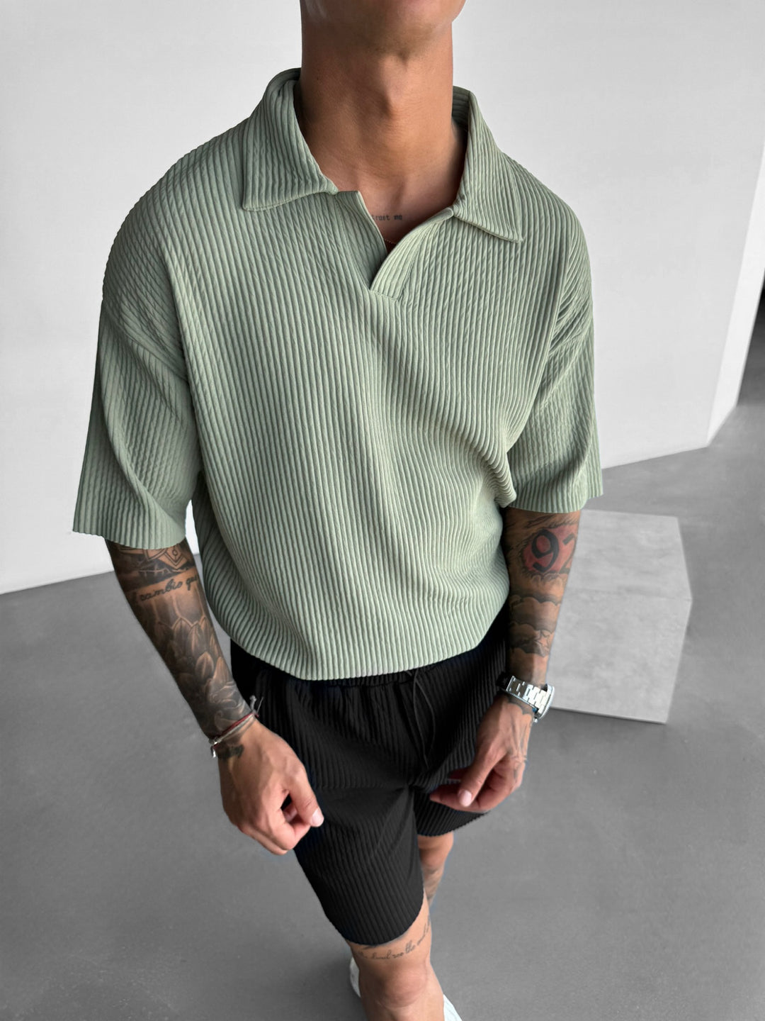 Oversize Ribbed Polo T-Shirt - Green