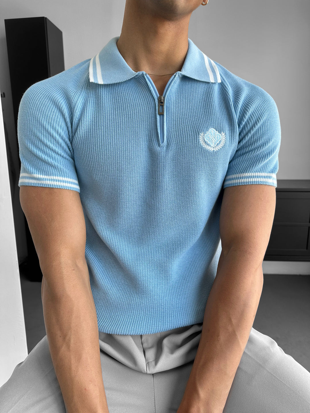 Slim Fit Half-Zip Embroidered Polo T-shirt - Babyblue