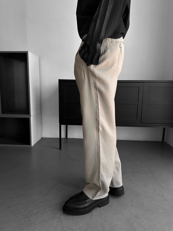 Loose Fit Cotton Trousers - Beige