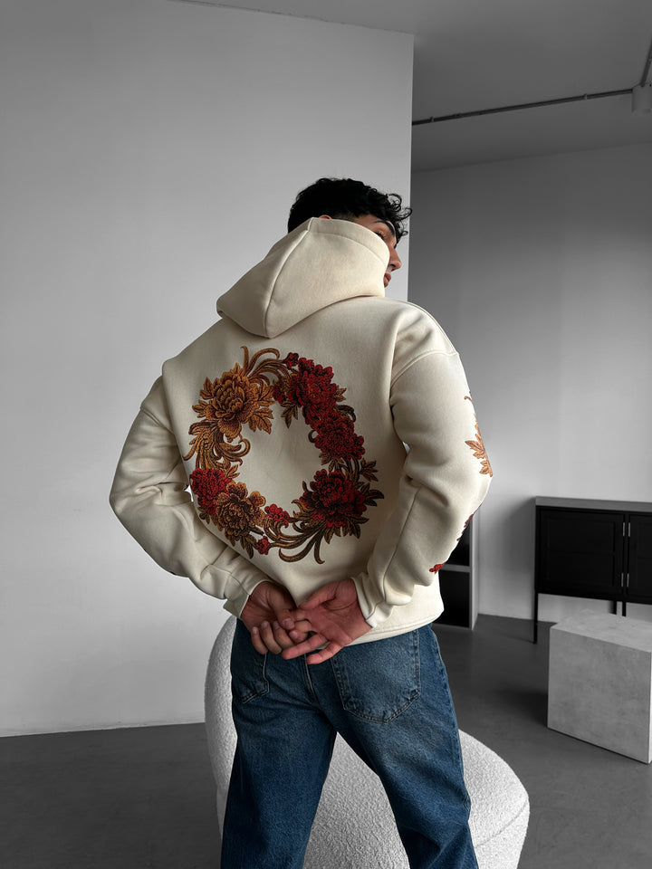 Oversize Chrysanthemum Hoodie - Beige