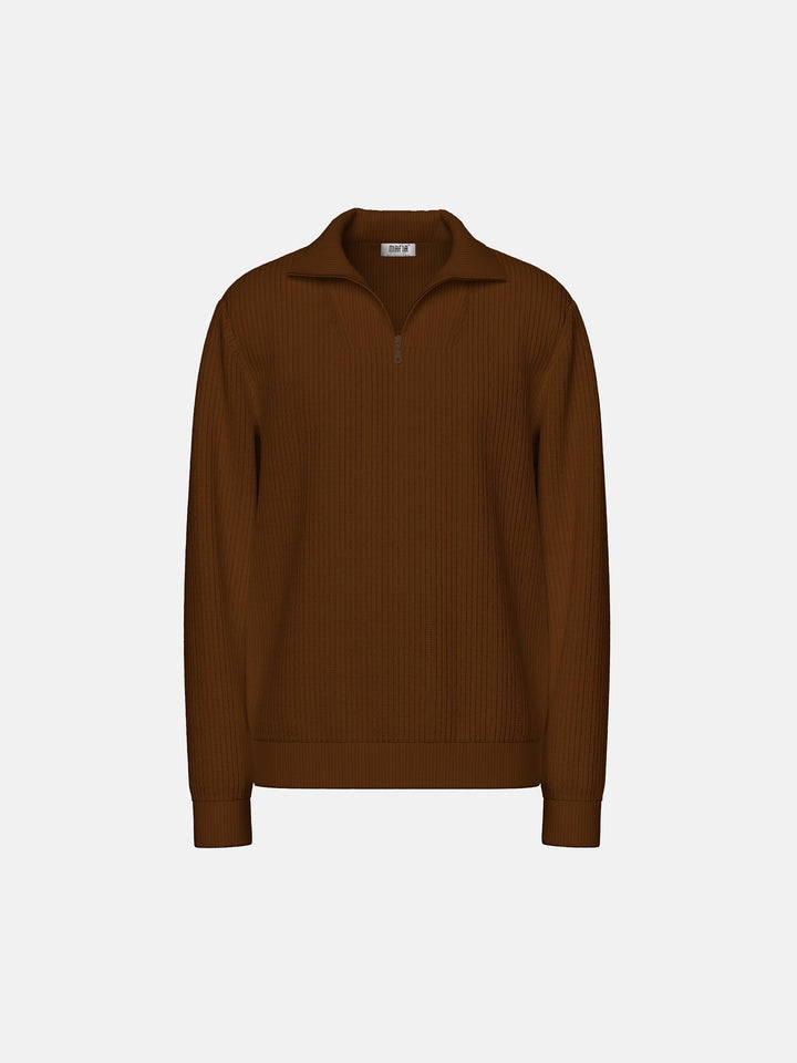 Oversize Collar Zipper Knit Sweater - Brown