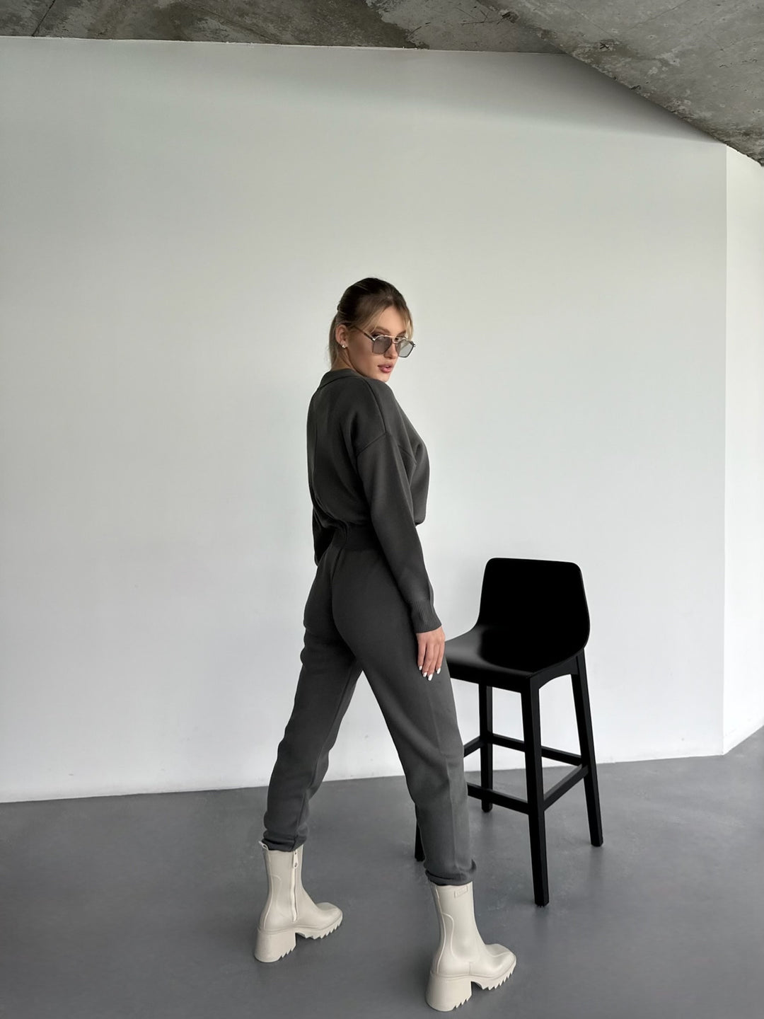 Long Arm Knit Jumpsuit - Anthracite