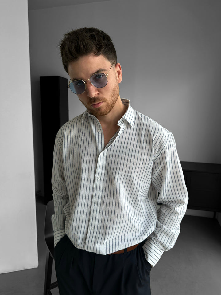 Oversize Cotton Thin Striped Shirt - White