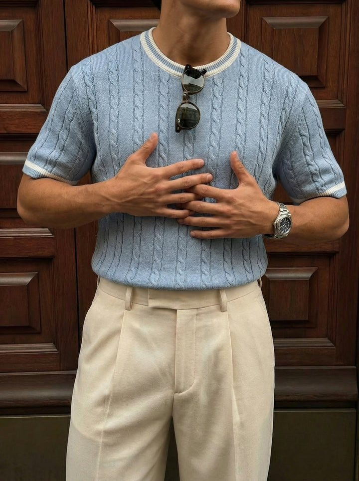 Regular Fit Braid Knit T-shirt - Babyblue