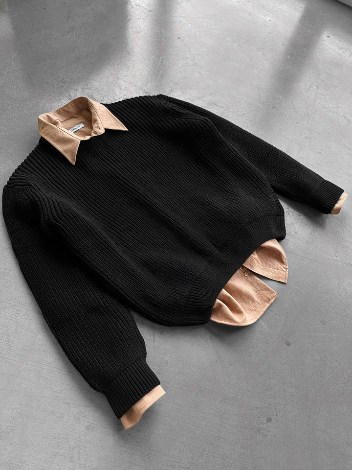 Oversize Structured Knit Sweater - Black