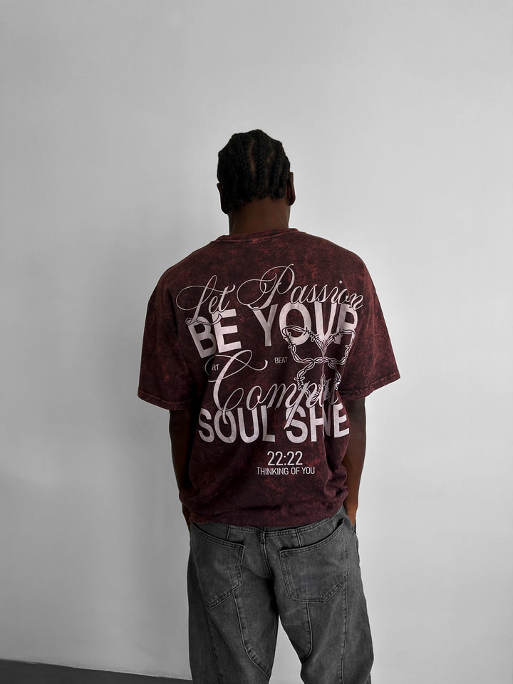 Oversize Washed 'Be your Soul Shine' T-Shirt - Bordeaux