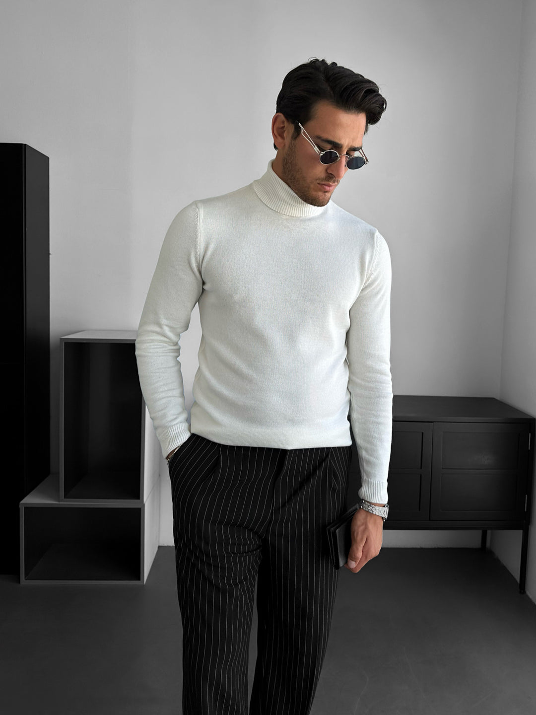 Slim Fit Long Neck Pullover - Ecru