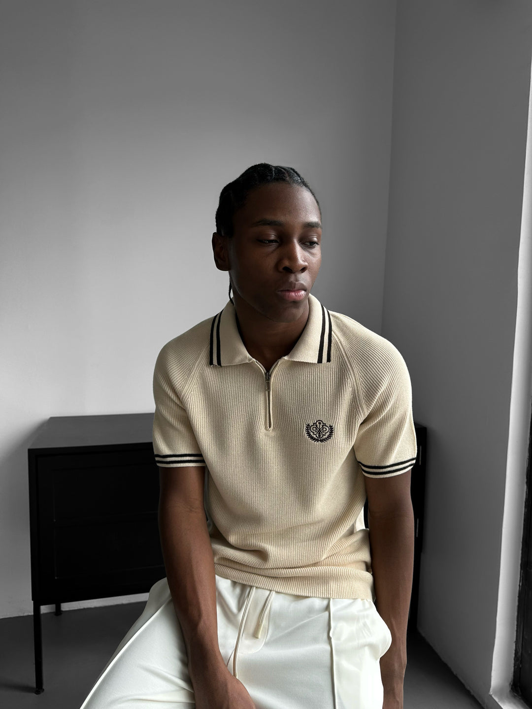 Slim Fit Half-Zip Embroidered Polo T-shirt - Beige