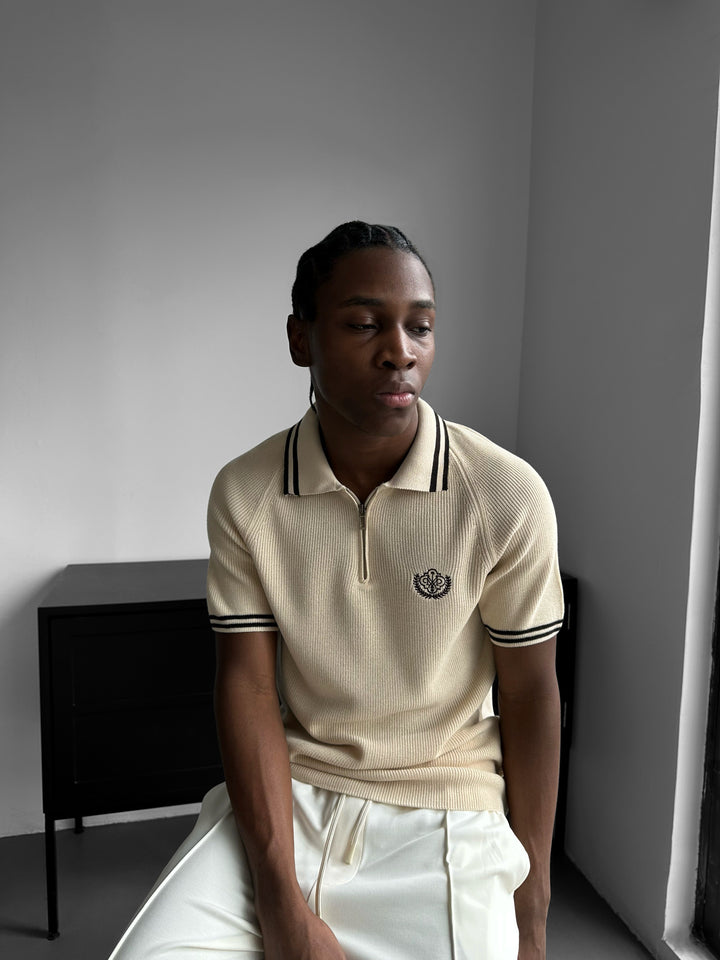 Slim Fit Half-Zip Embroidered Polo T-shirt - Beige