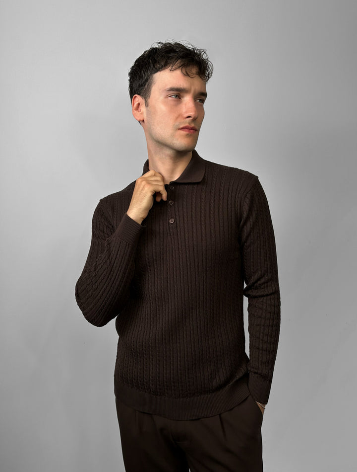Slim Fit Textured Polo Knit Sweater - Dark Brown