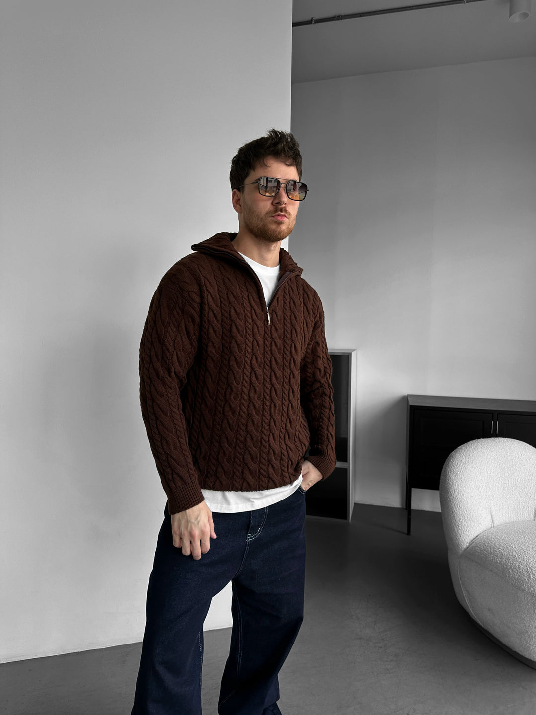 Oversize Collar Braid Zipper Pullover - Dark Brown