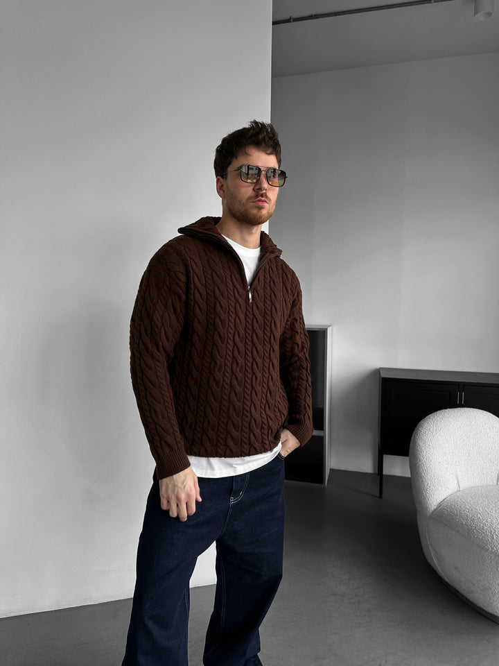 Oversize Collar Braid Zipper Pullover - Dark Brown