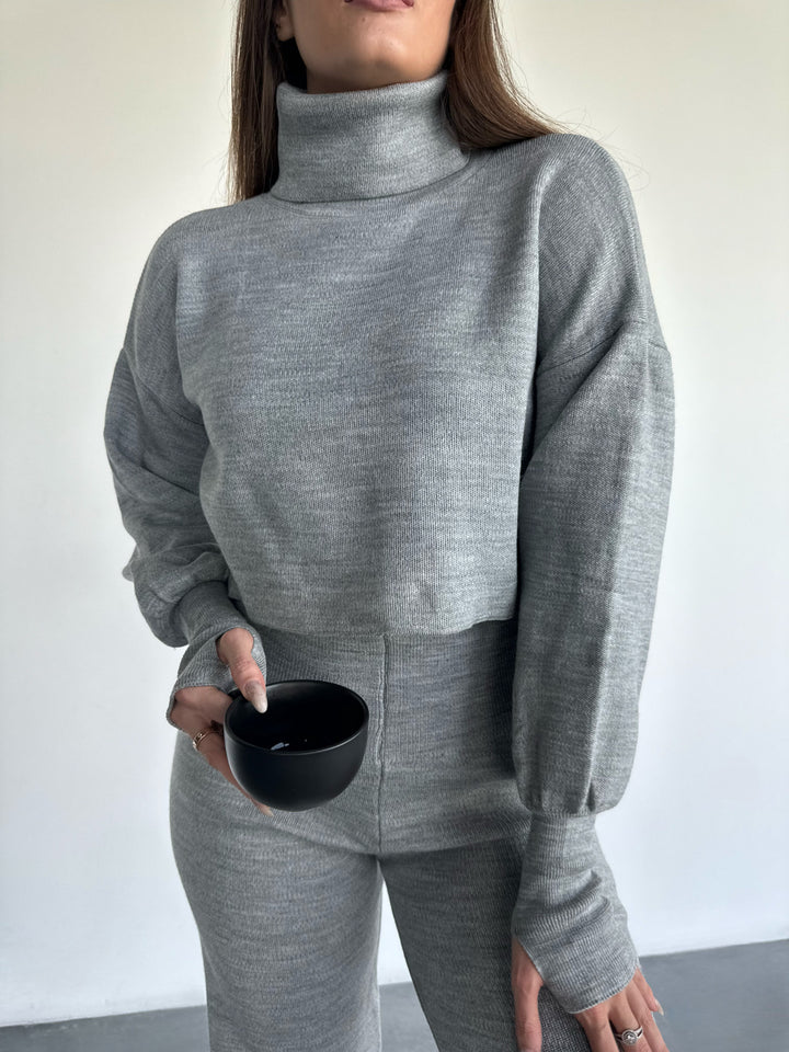 Balloon Arm Short Sweater - Grey