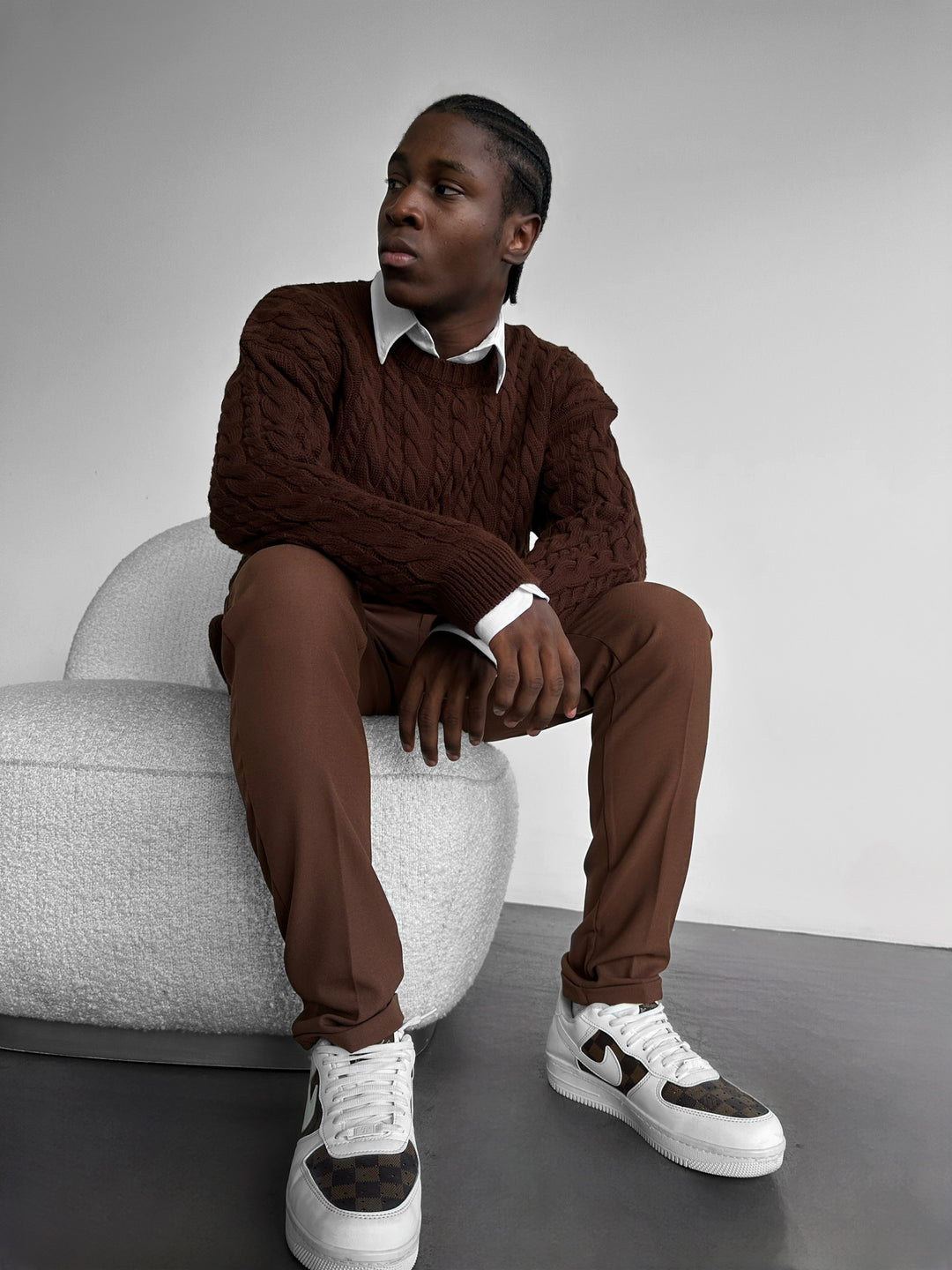Oversize Knit Braid Sweater - Dark Brown