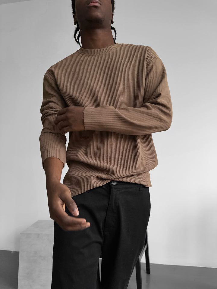 Oversize Ribbed Long Arm T-shirt - Brown