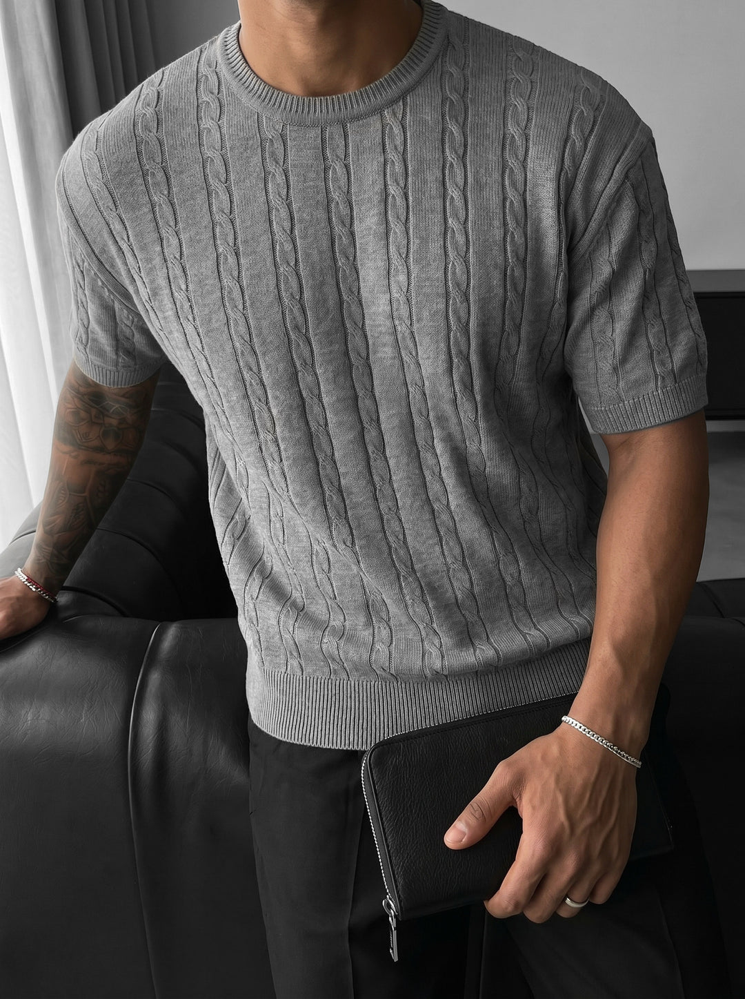 Loose Fit Braid Knit T-Shirt - Grey