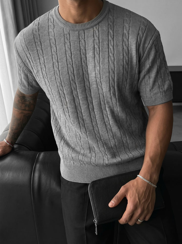 Loose Fit Braid Knit T-Shirt - Grey