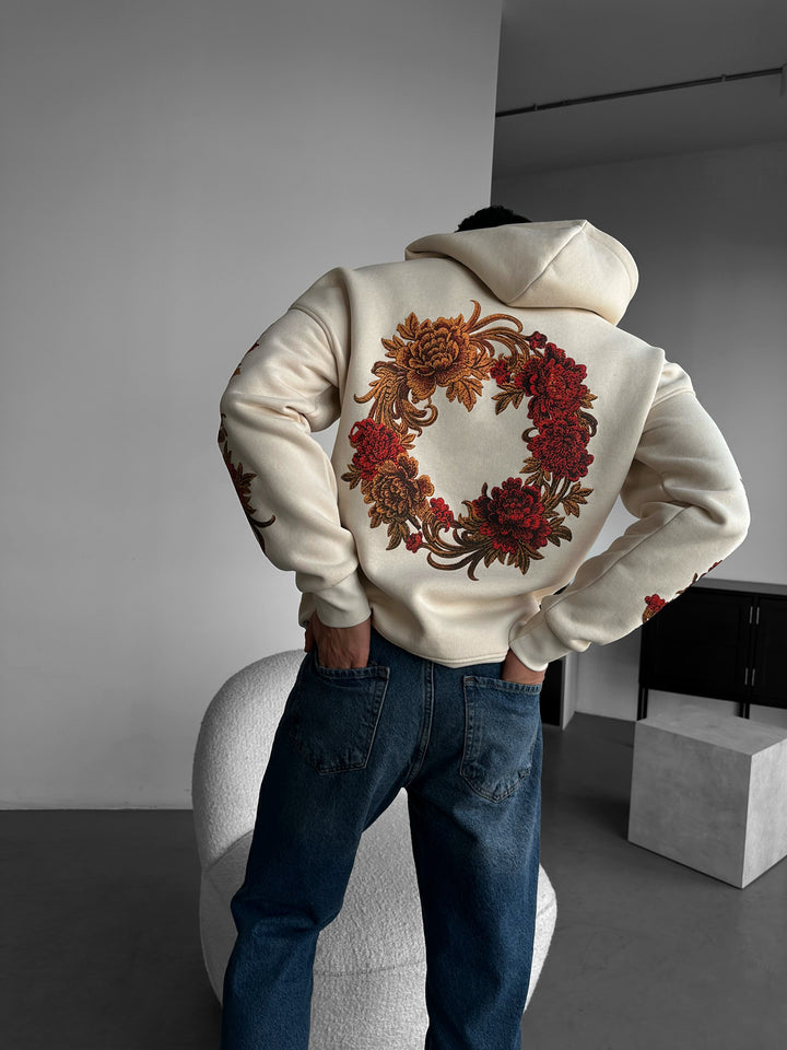 Oversize Chrysanthemum Hoodie - Beige