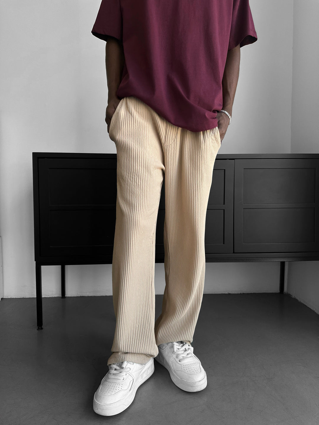 Loose Fit Ribbed Trousers - Beige