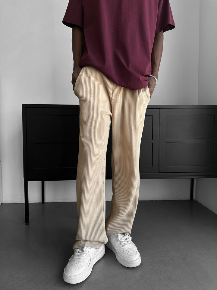 Loose Fit Ribbed Trousers - Beige
