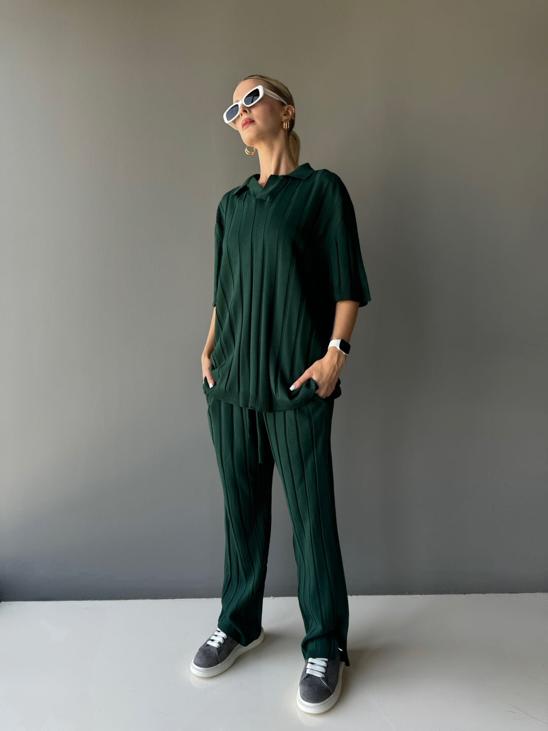 Loose Fit Wide Ribbed Pant - Emerald Green