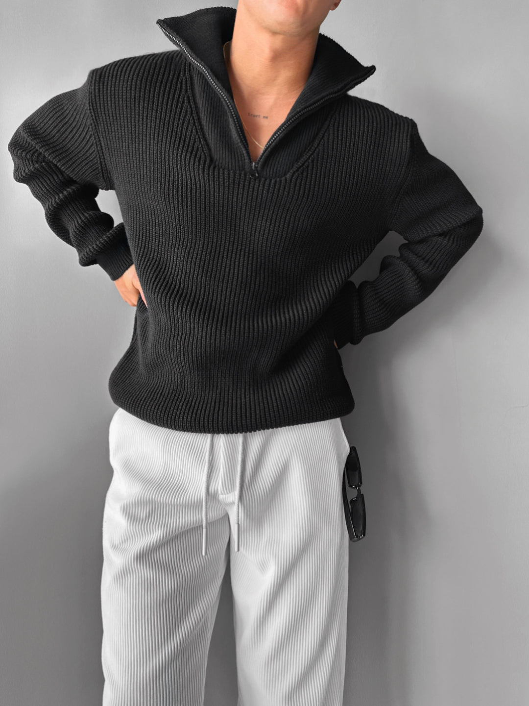 Oversize Collar Zipper Knit Sweater - Black