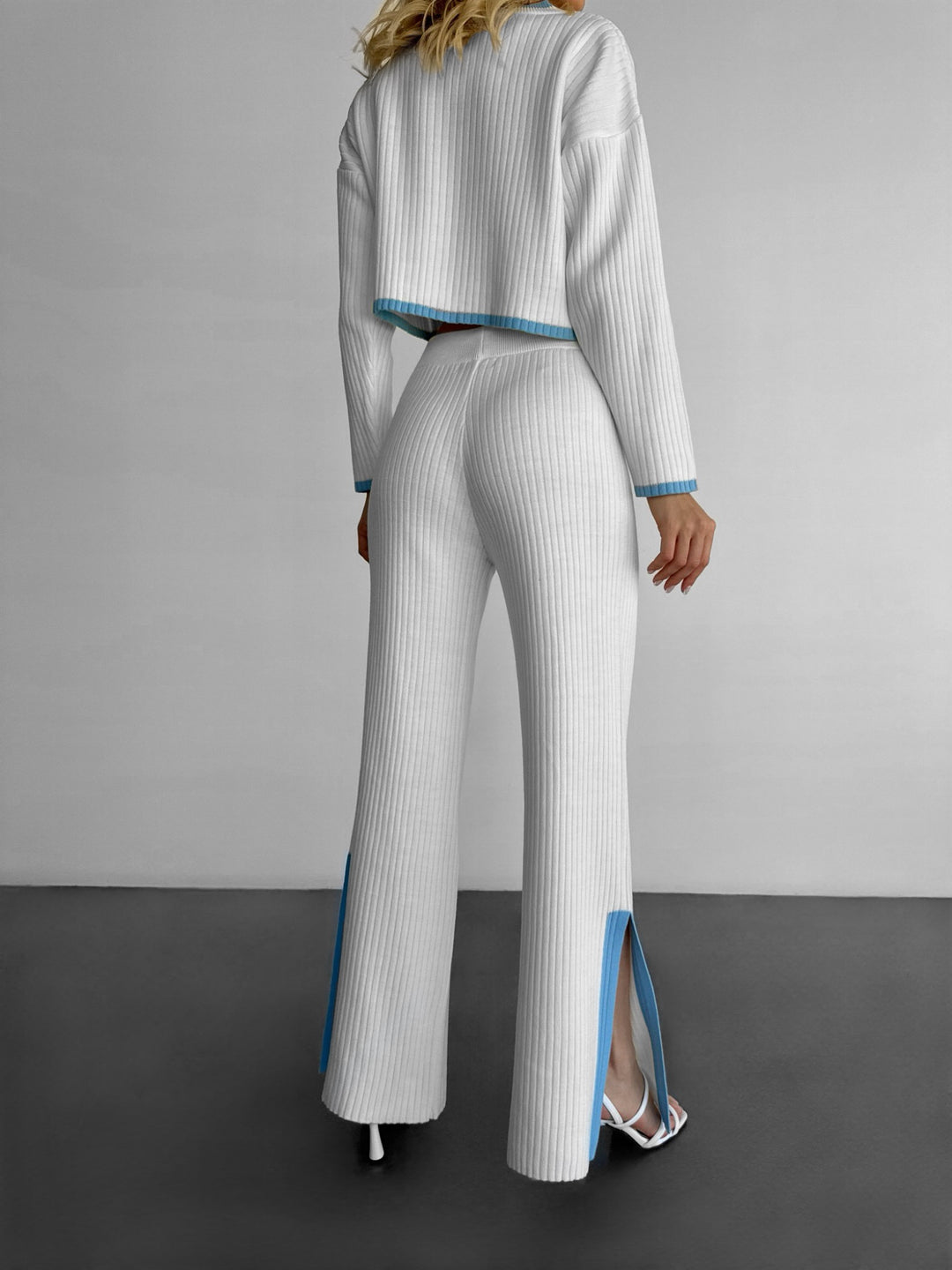 Wide Leg Details Knit Trousers - White and Babyblue