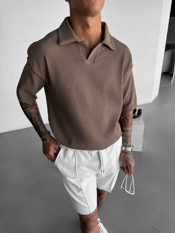 Oversize Ribbed Polo T-Shirt - Brown