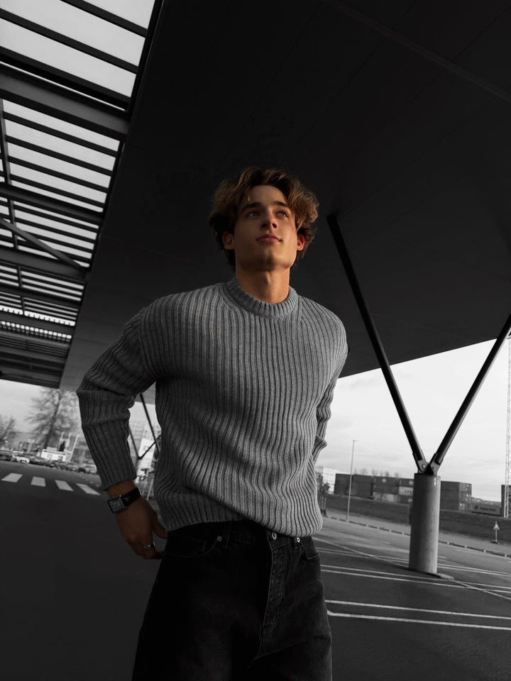 Loose Fit Striped Structure Pullover - Grey