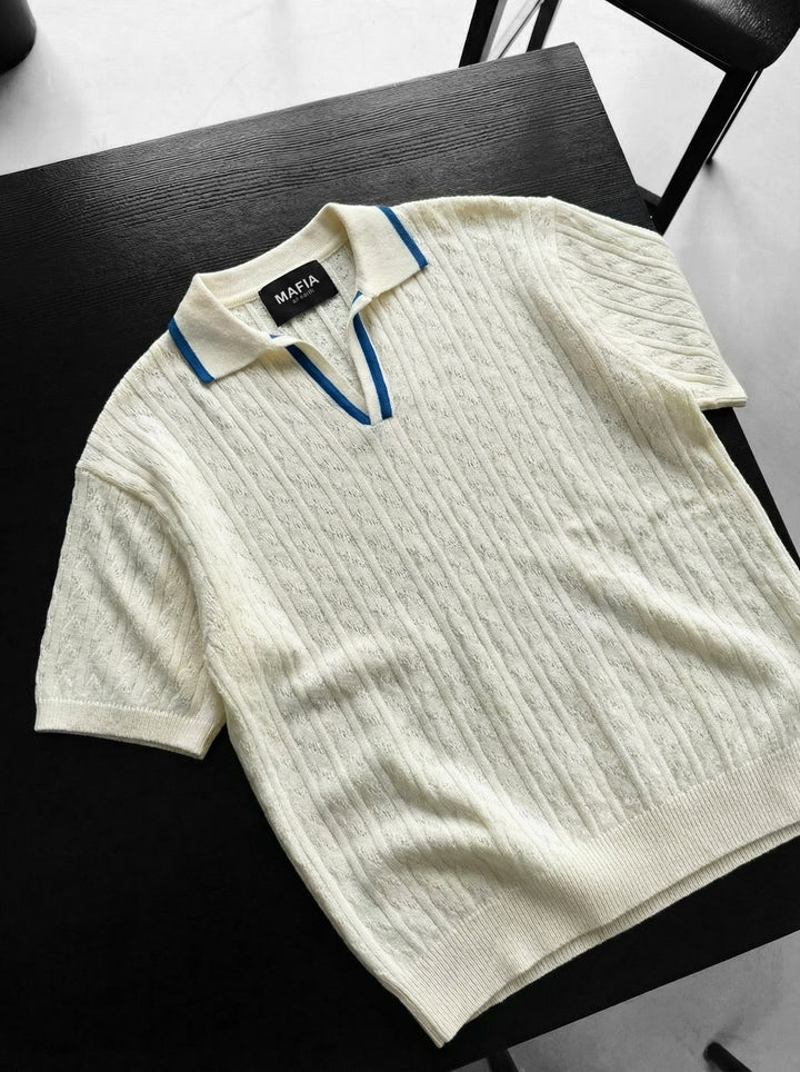 Oversize Structured Polo T-Shirt - Ecru and Blue