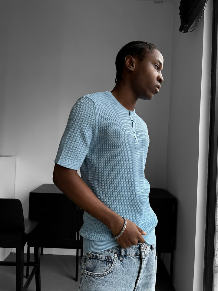 Regular Fit Waffle Button T-shirt - Babyblue