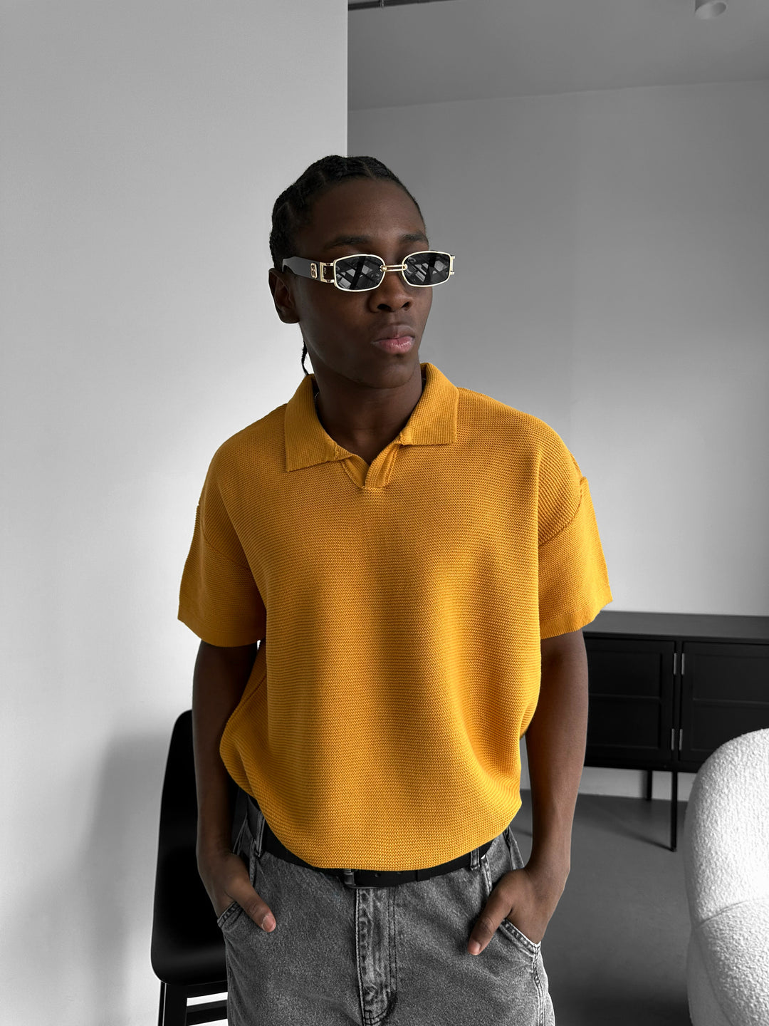 Oversize Collar Ribbed Knit T-Shirt - Saffron