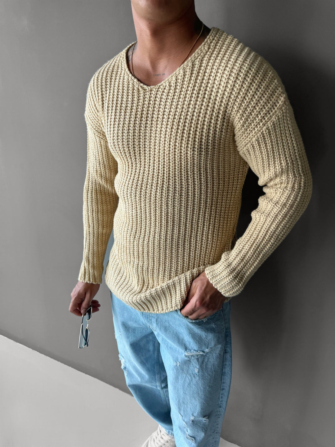 Regular Fit cutout Knit Sweater - Bone