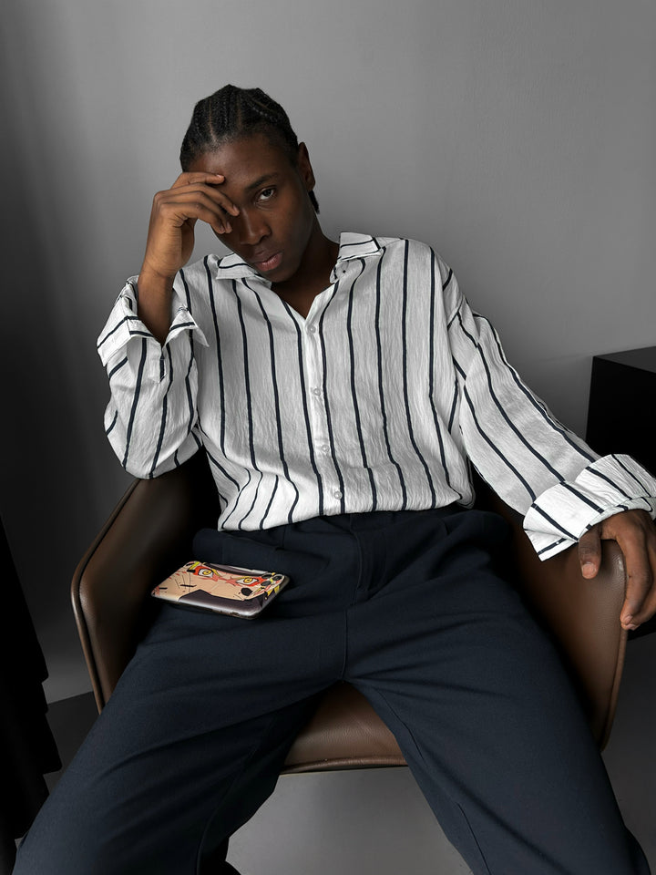 Oversize Striped Long Sleeve Shirt - White and Saks