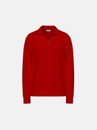 Oversize Collar Zipper Knit Sweater - Red